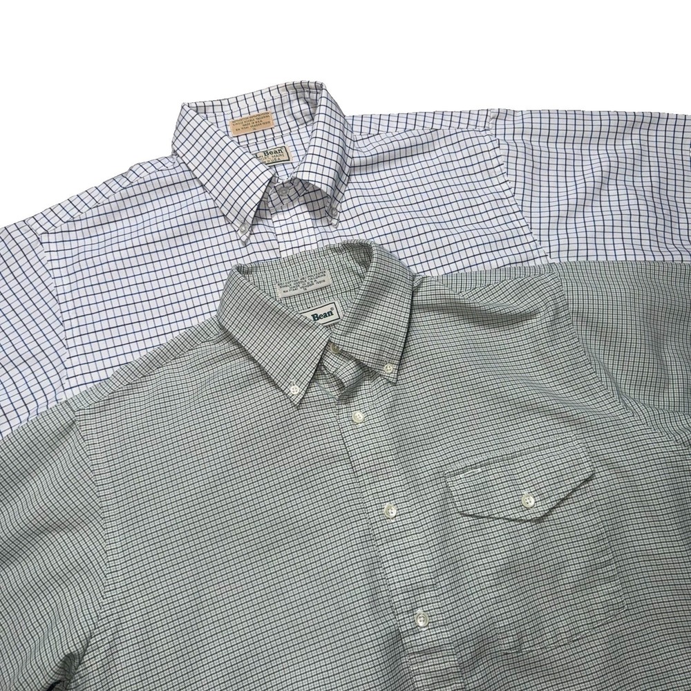 Vintage LL Bean Men's L (16) Short Sleeve Button Up Shirt White Green Lot Of 2